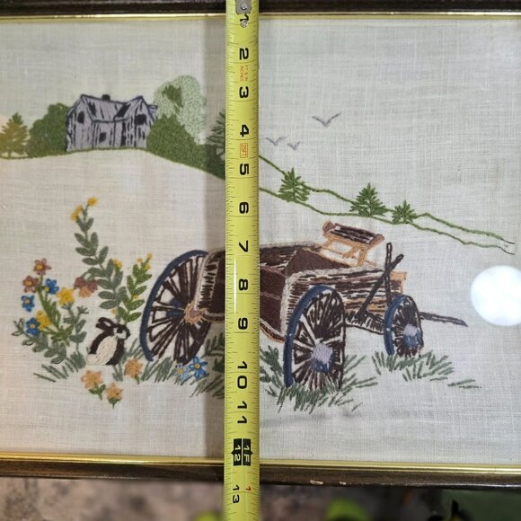 Vintage Framed Crewel #313 Old Wagon Wheel Farmhouse Landscape 17"x13" Rustic - Picture 14 of 14